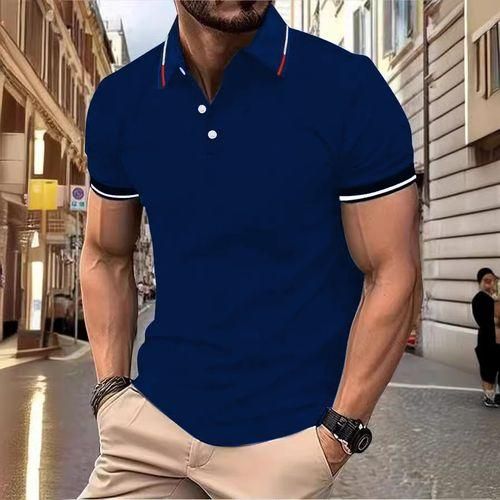 Berrykey Mens Formal Shirts Casual Round Neck Short Sleeved T-shirt Polos-Blue