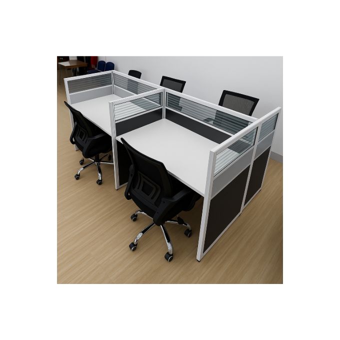 4-Person Modular Office Workstation Desk With Ergonomic Chairs – White & Black